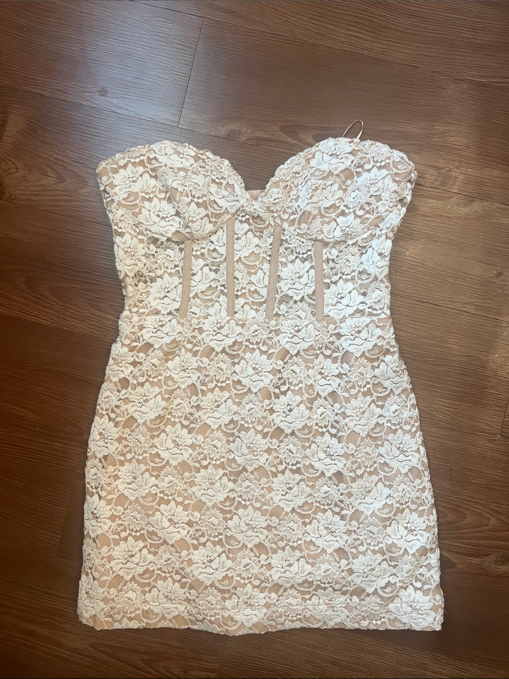 Bardot Strapless Lace Mini Dress in Blush and Ivory
